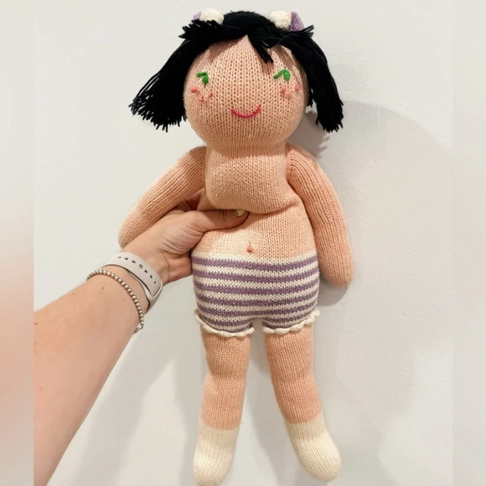 Blabla Knitted Doll Purple Striped Underwear Black Hair Green Eyes